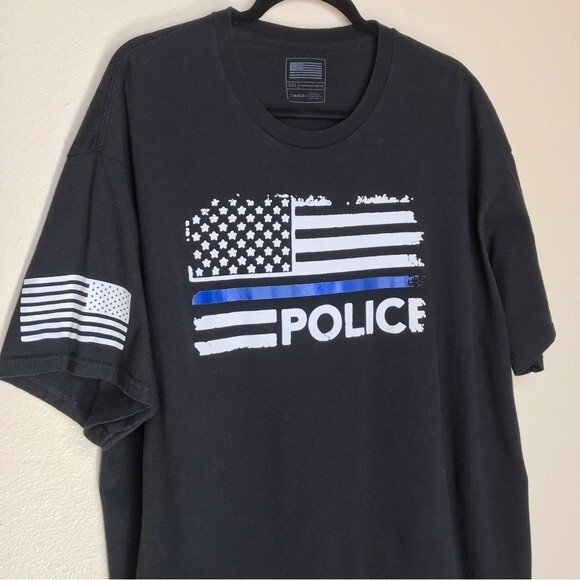 Police Thin Blue Line American Flag Black T Shirt Short Sleeve Crew Neck XXL - Picture 2 of 9